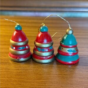 Vintage Bell Tree Wood Ornament Lot Of 3 Red Green Bell Shaped Wooden Christmas